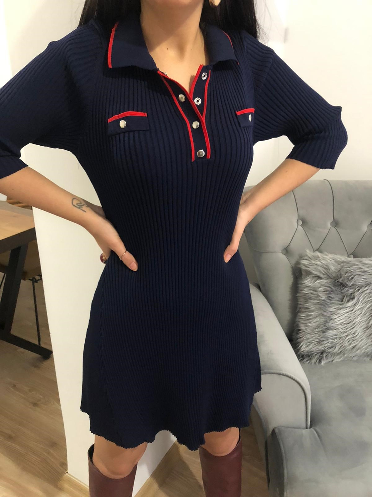 Lacivert Fitilli Mini Elbise