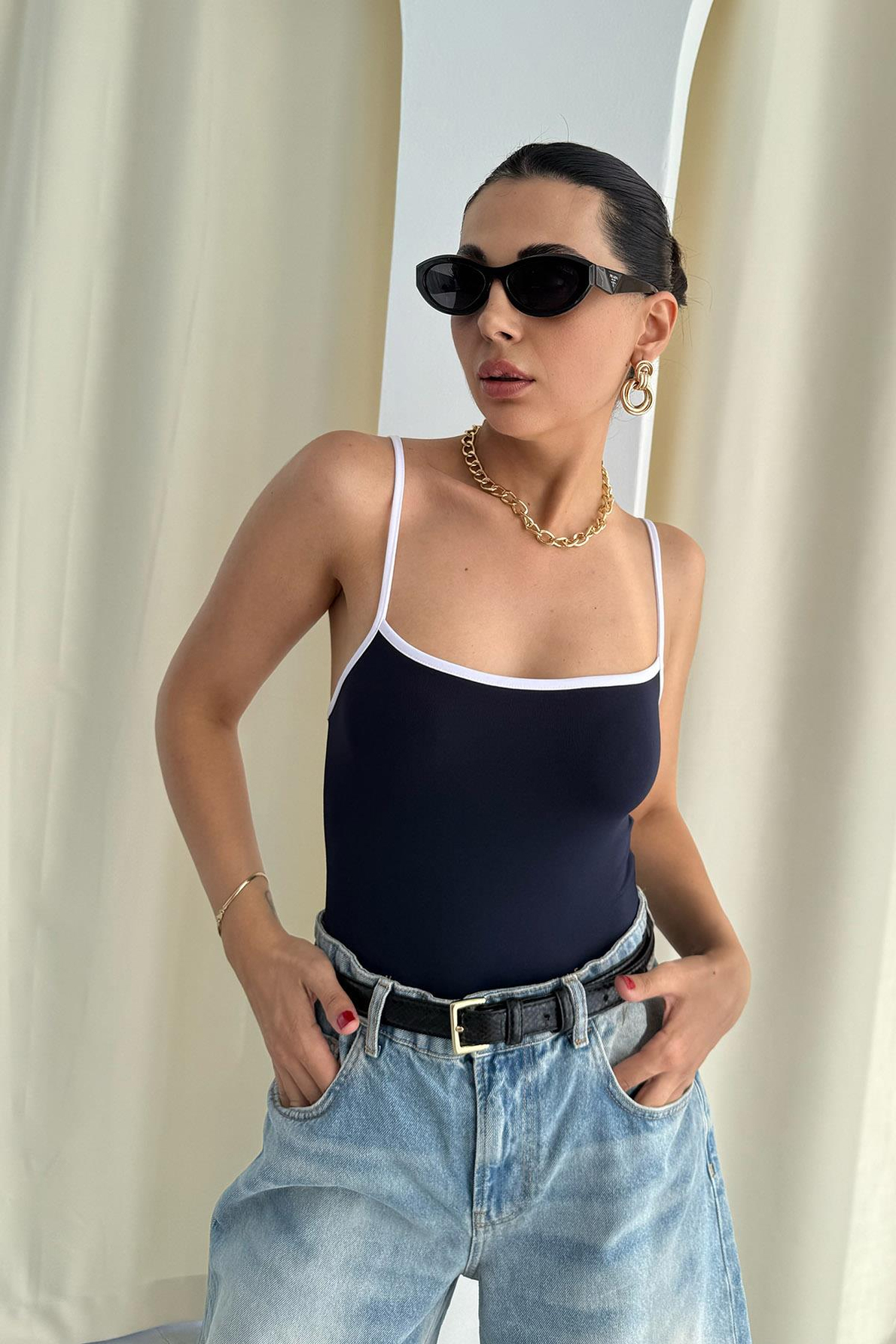 Lacivert İp Askılı Bodysuit