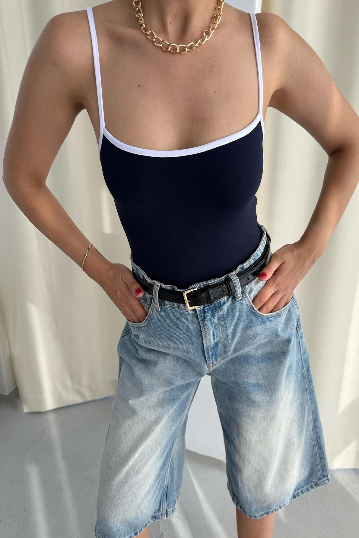 Lacivert İp Askılı Bodysuit