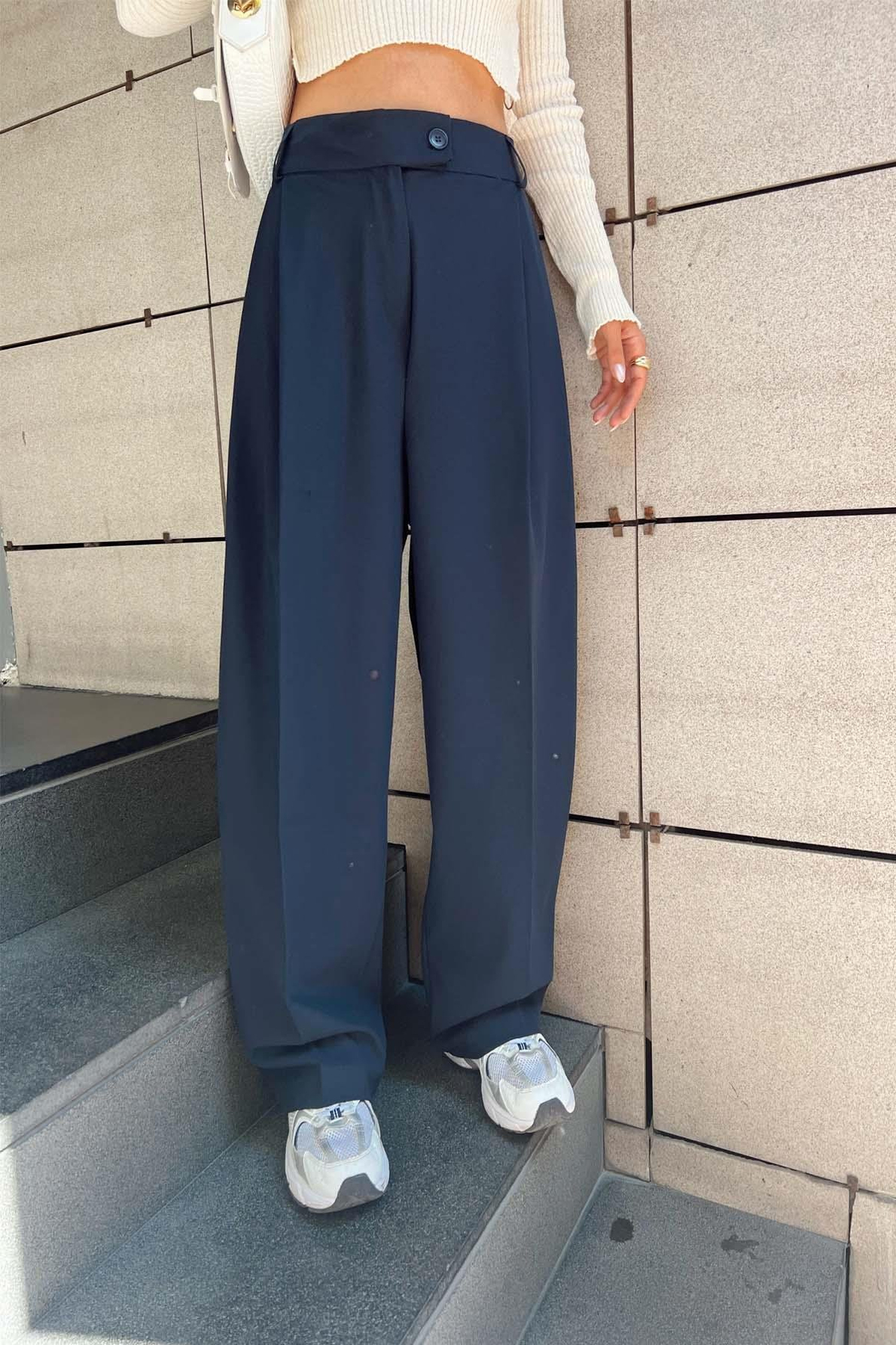 Lacivert Lastik Detaylı Palazzo Pantolon