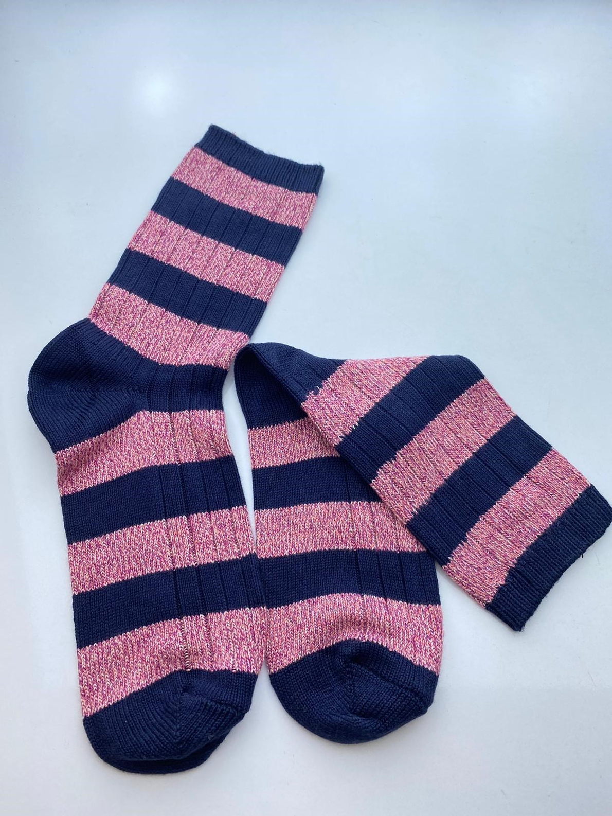 Lacivert Pembe Çizgili Yün Çorap