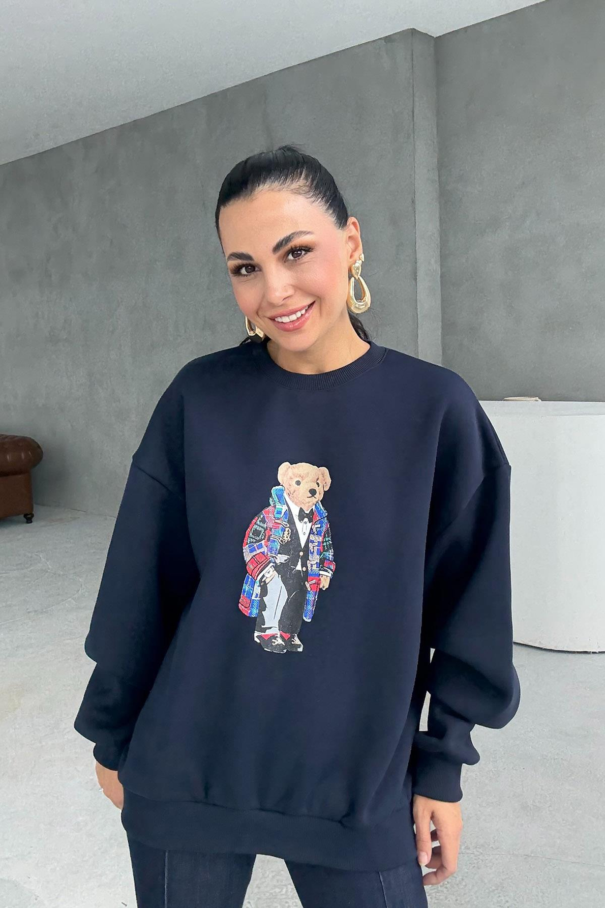 Lacivert Teddy Bear Baskılı Sweatshirt