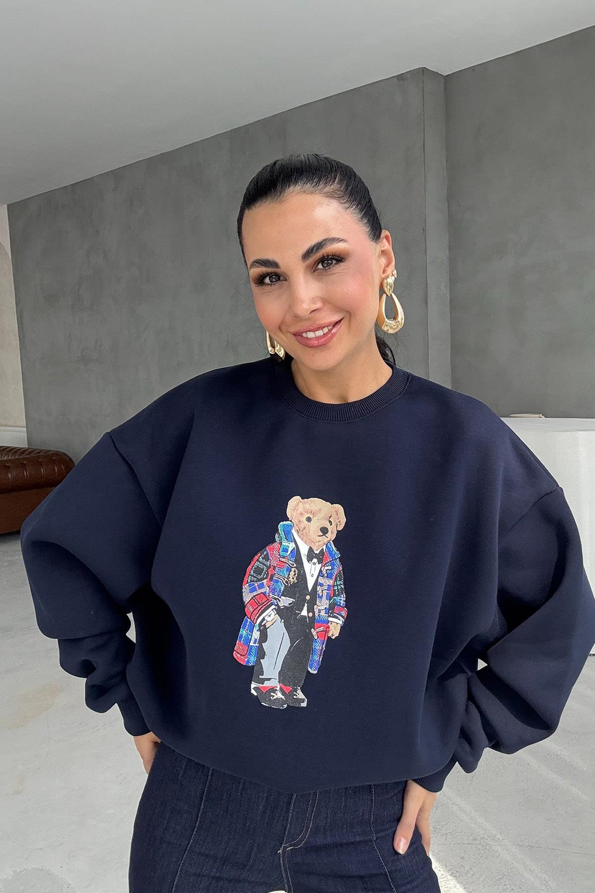 Lacivert Teddy Bear Baskılı Sweatshirt