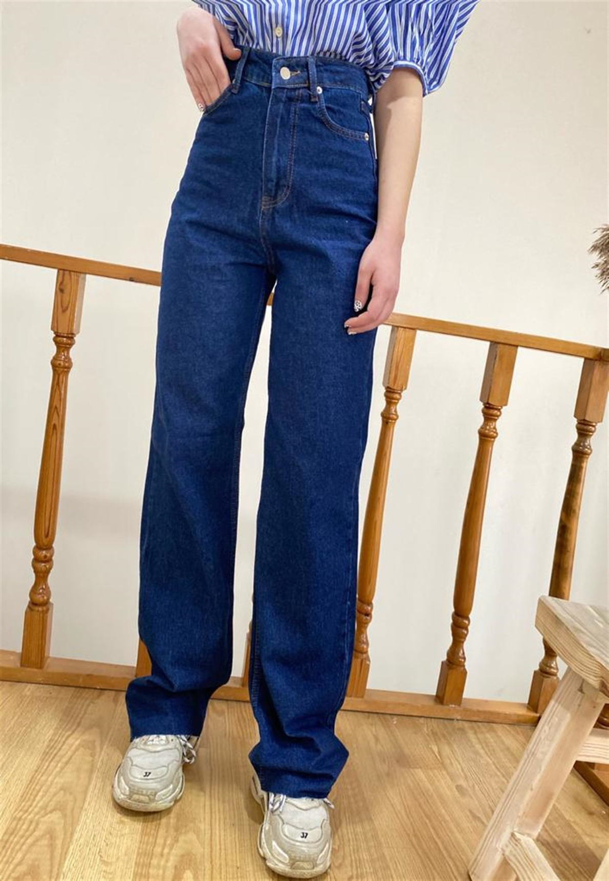 Lacivert Yüksek Bel Straight Fit Jean Pantolon