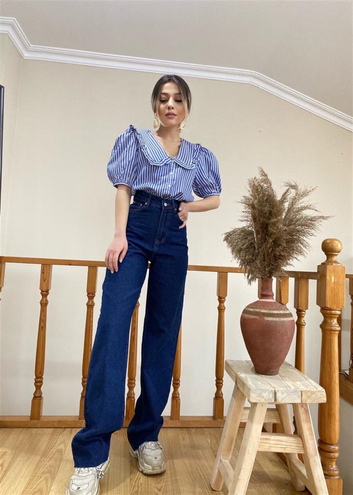 Lacivert Yüksek Bel Straight Fit Jean Pantolon