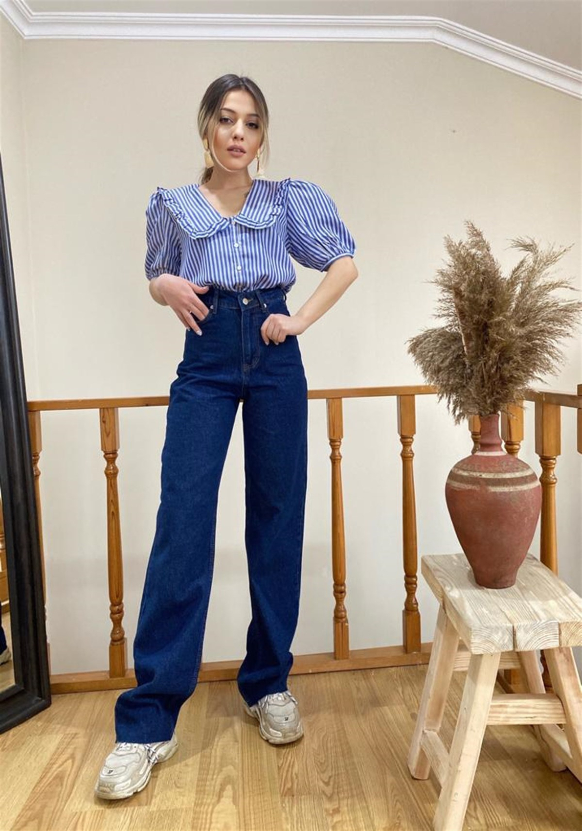 Lacivert Yüksek Bel Straight Fit Jean Pantolon