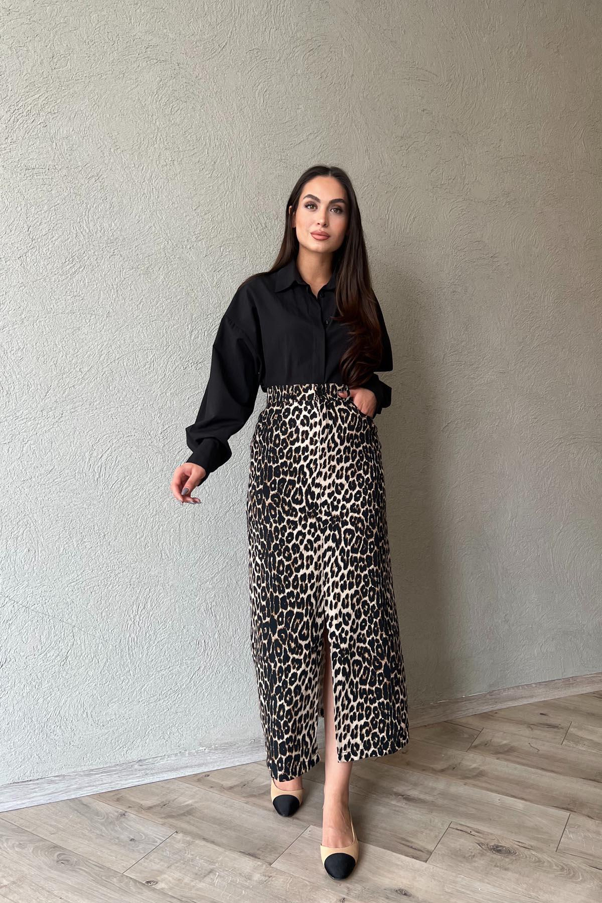 Leopar Desen Yırtmaç Detaylı Uzun Etek