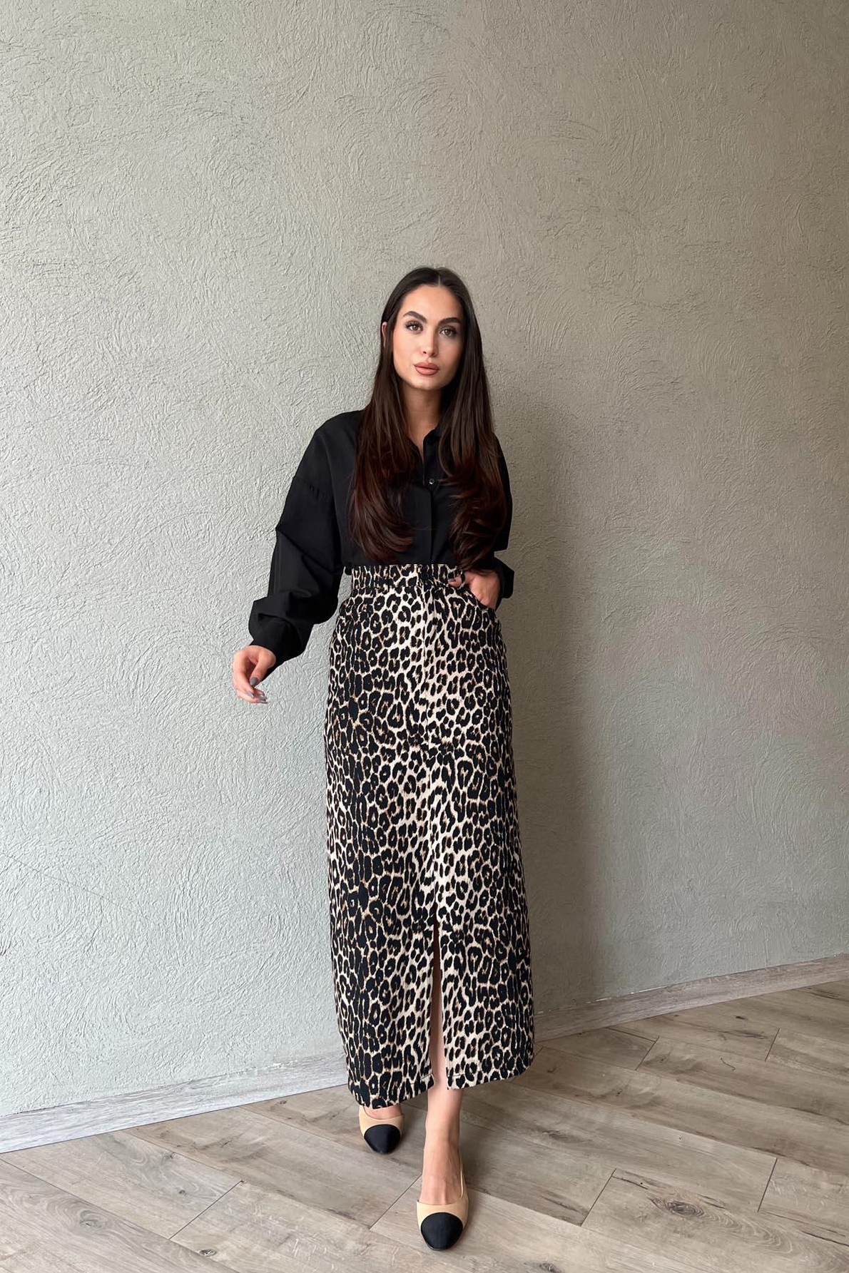 Leopar Desen Yırtmaç Detaylı Uzun Etek
