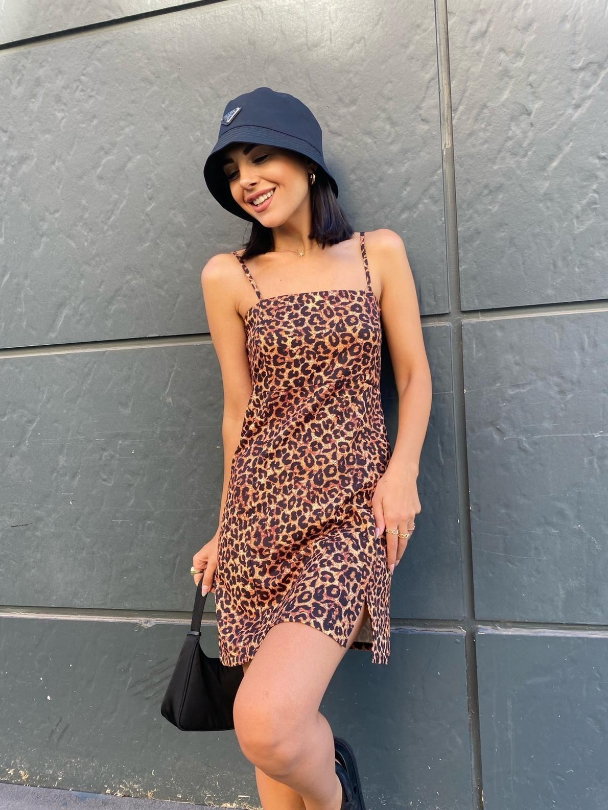 Leopar Desenli Askılı Elbise