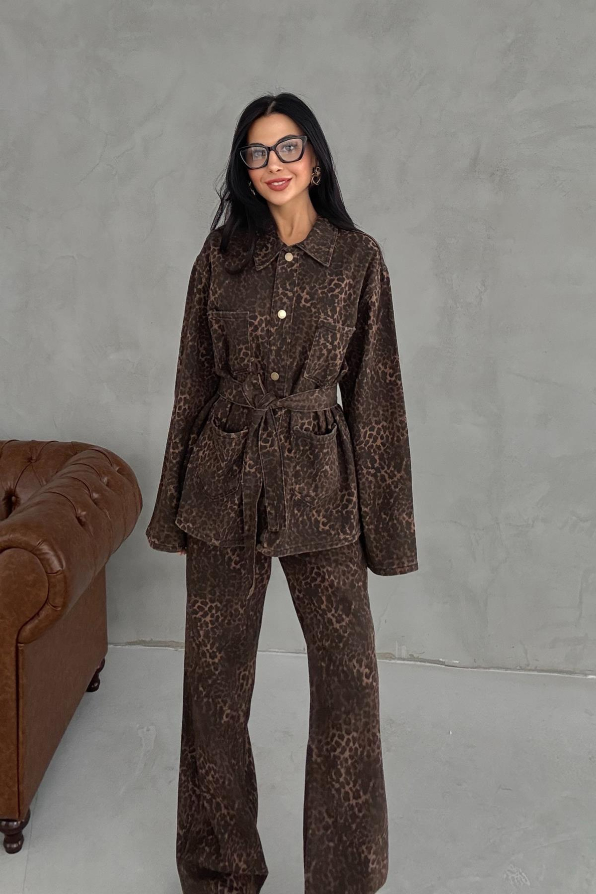 Leopar Desenli Kuşaklı Ceket