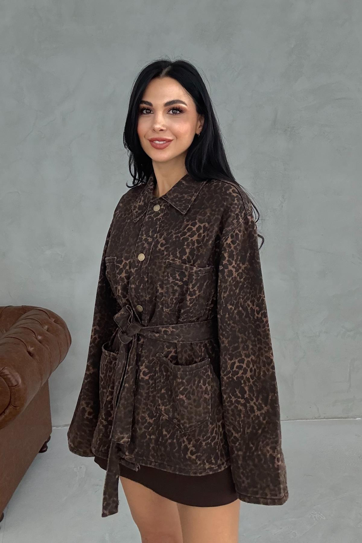 Leopar Desenli Kuşaklı Ceket