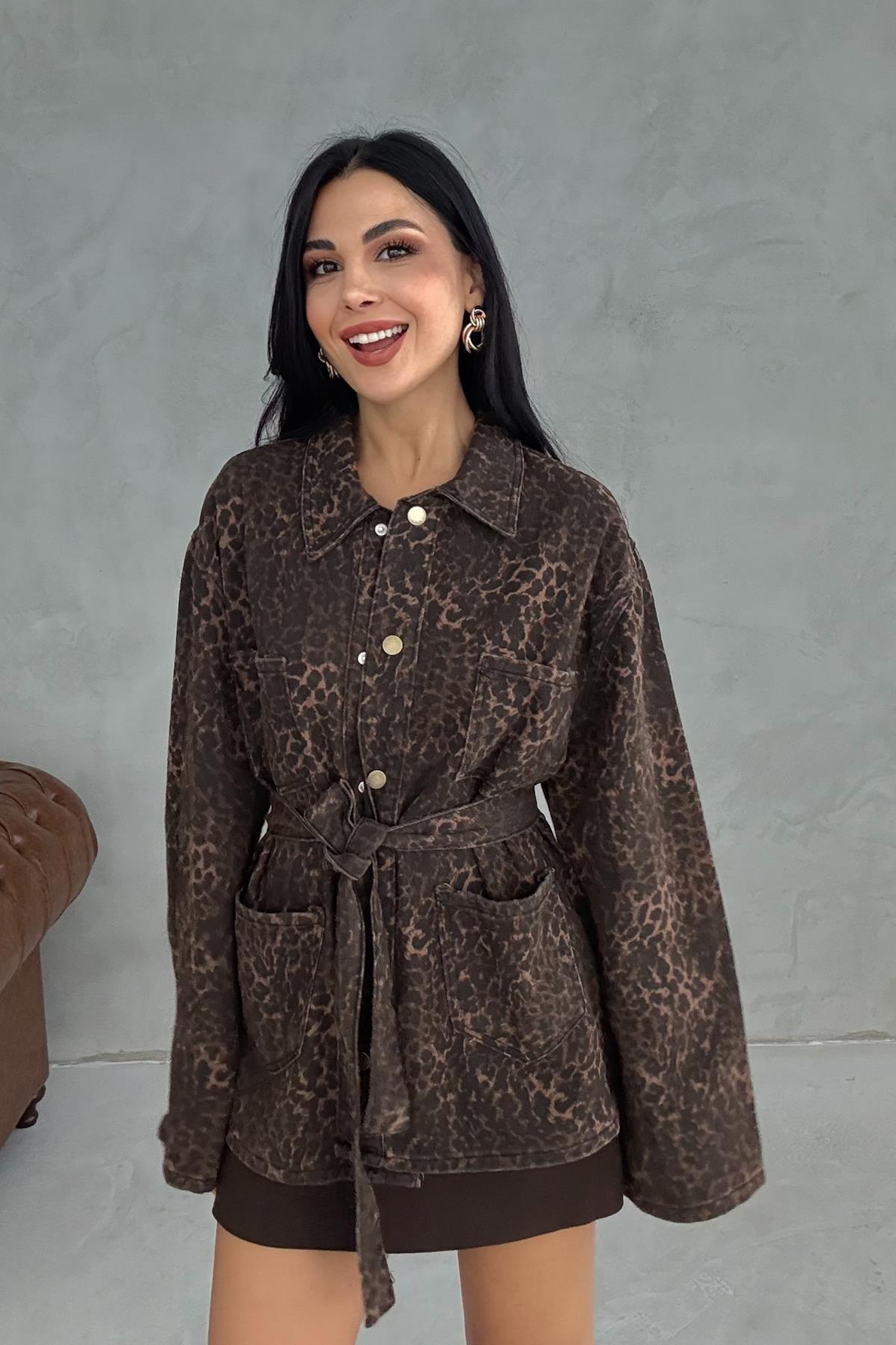 Leopar Desenli Kuşaklı Ceket
