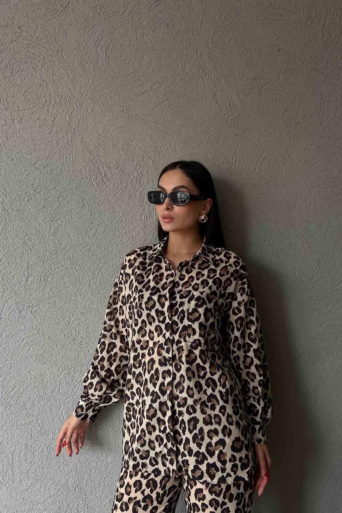 Leopar Oversize Gömlek Pantolon Takım