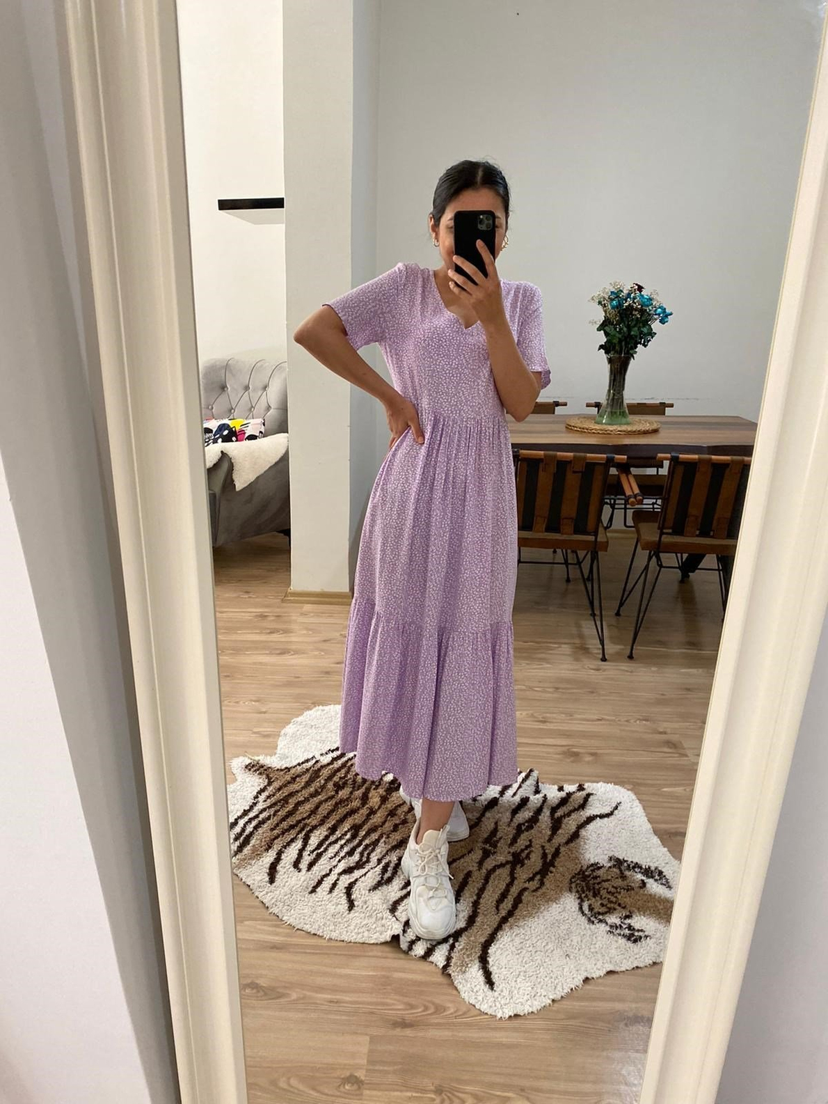 Lila Çiçekli Çıtır Midi Elbise