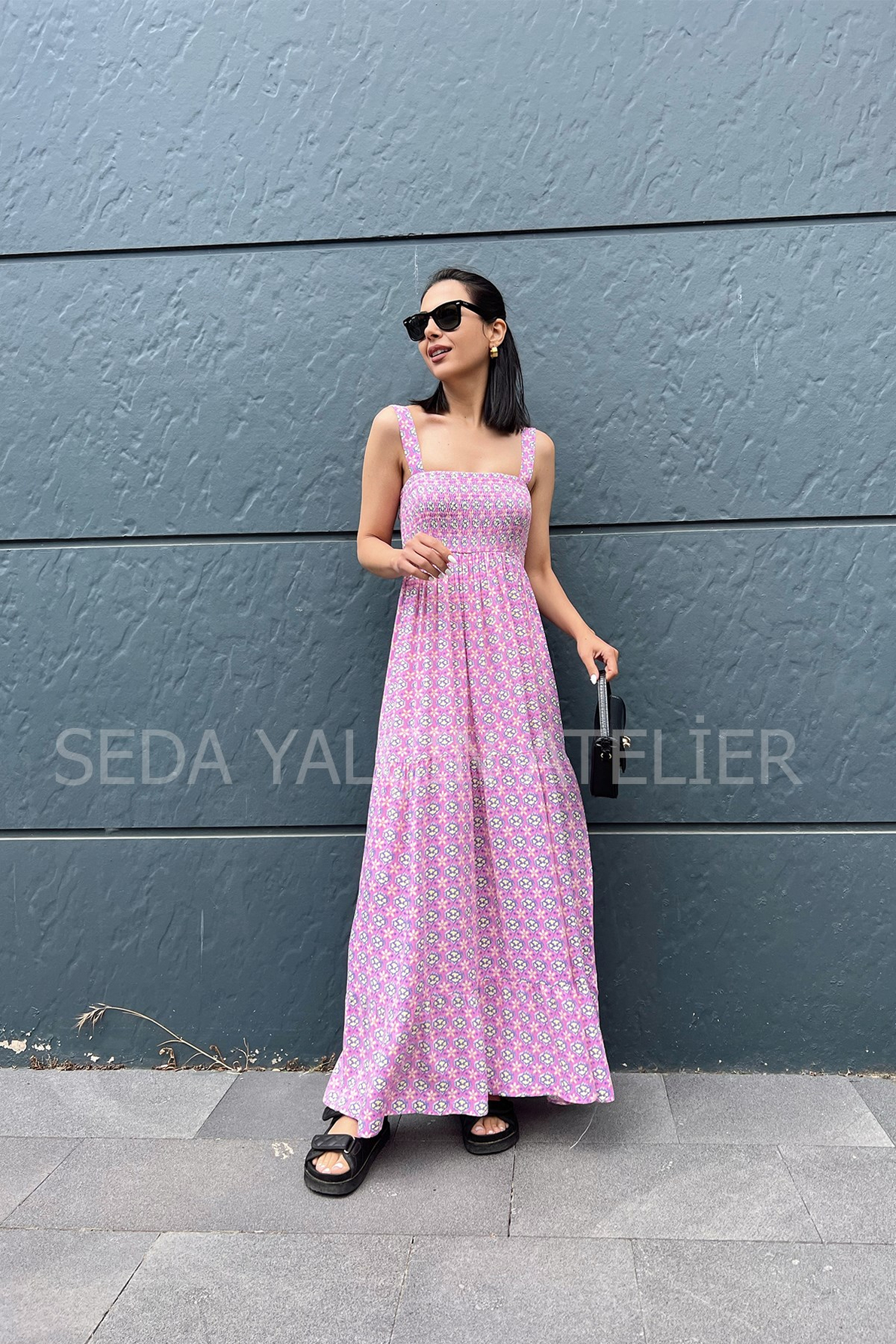 Lila Desenli Askılı Elbise