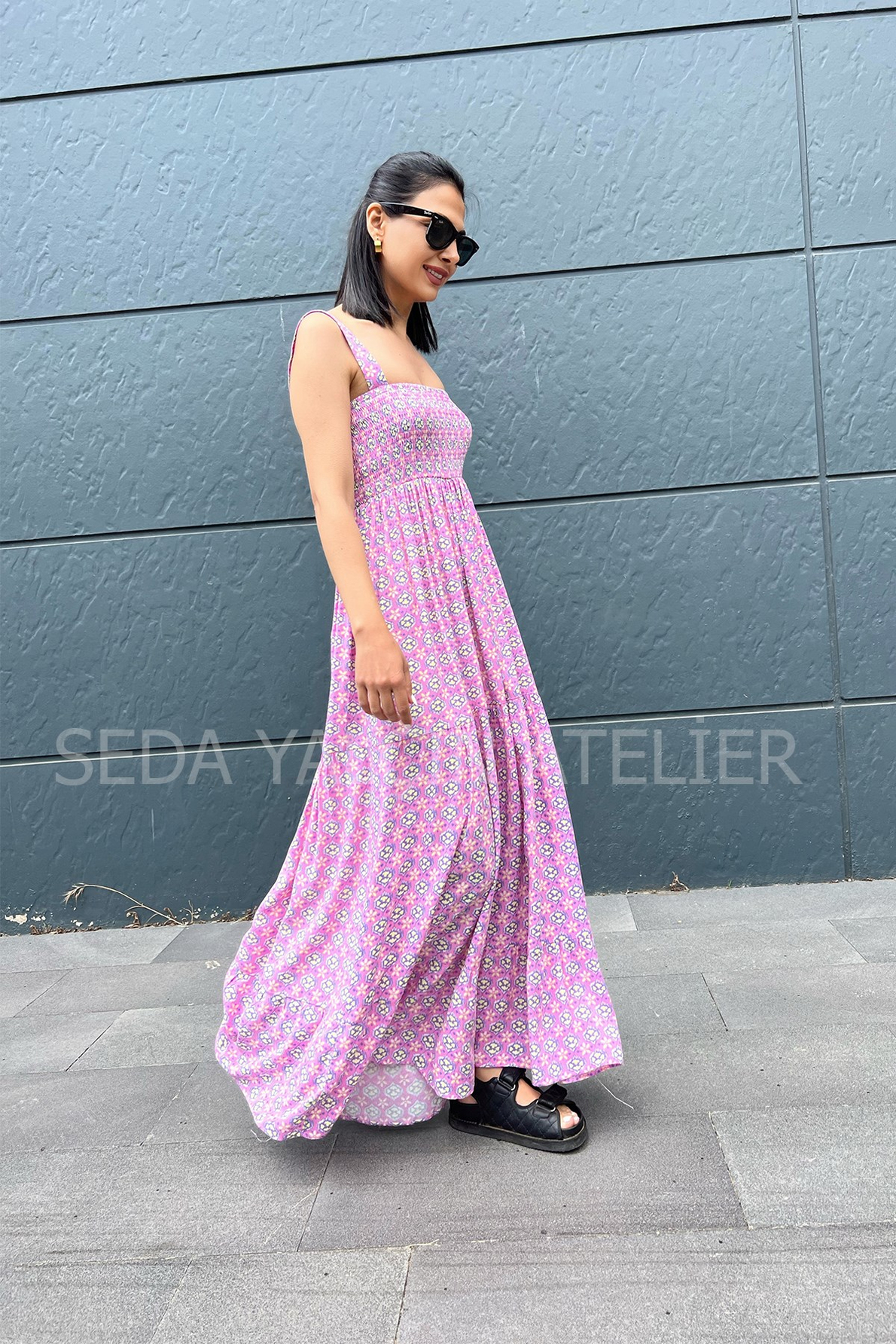 Lila Desenli Askılı Elbise
