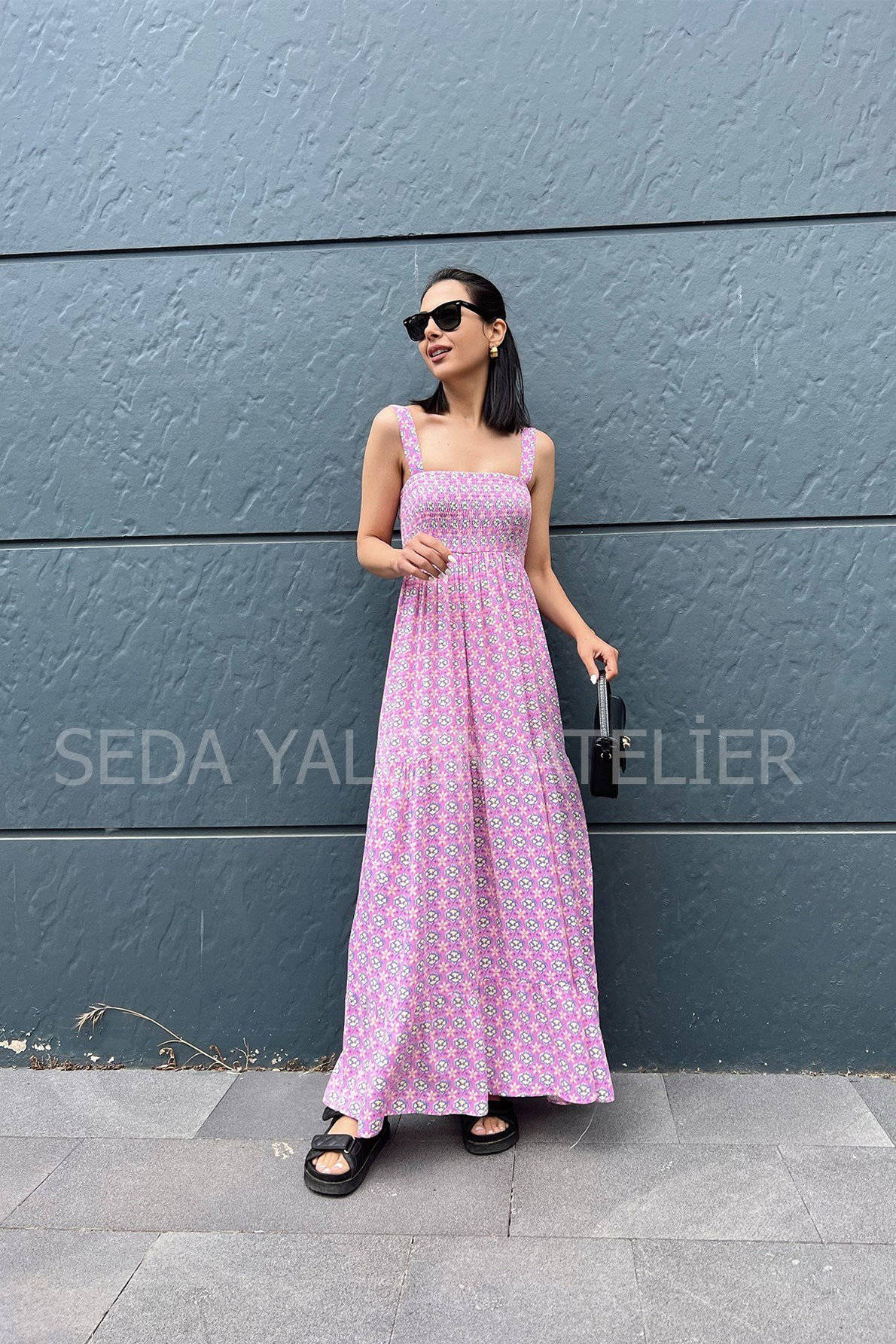 Lila Desenli Askılı Elbise