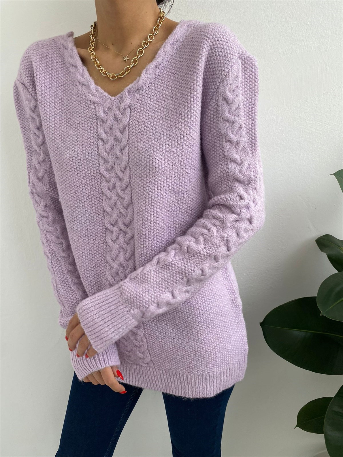 Lila V Yakalı Oversize Kazak