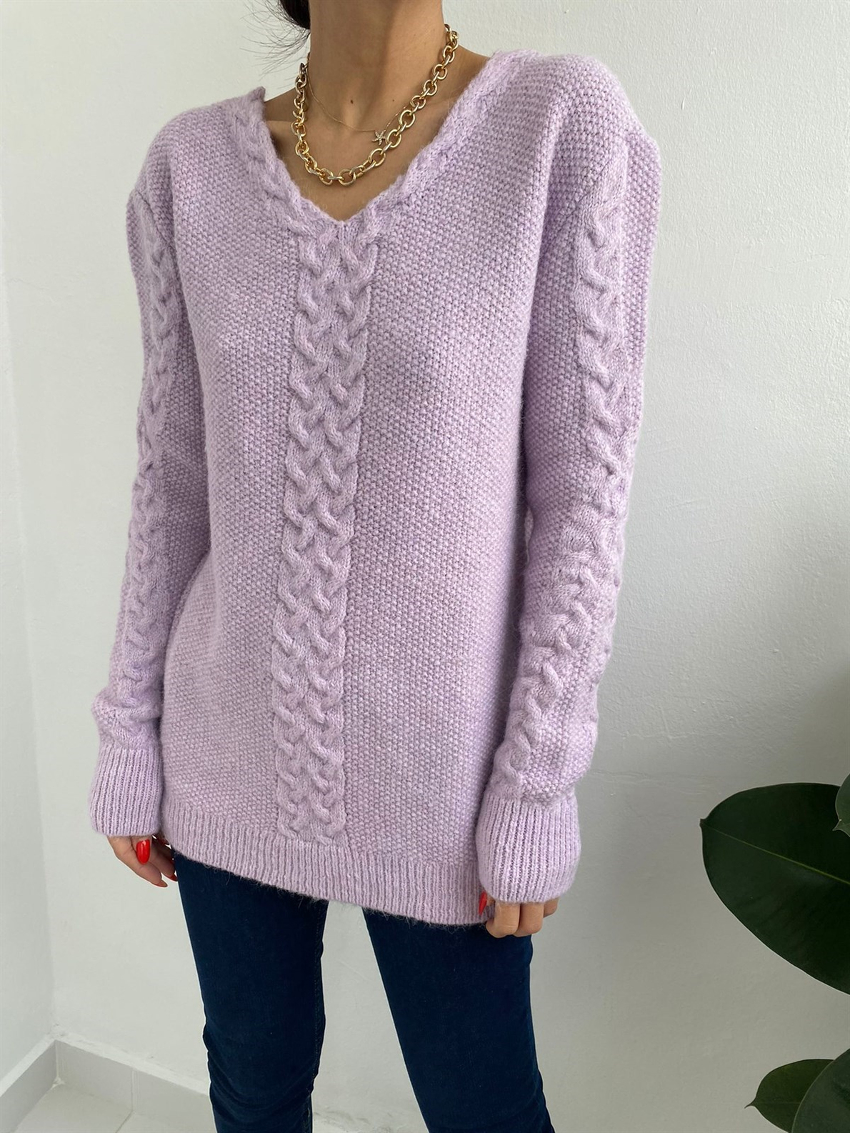 Lila V Yakalı Oversize Kazak