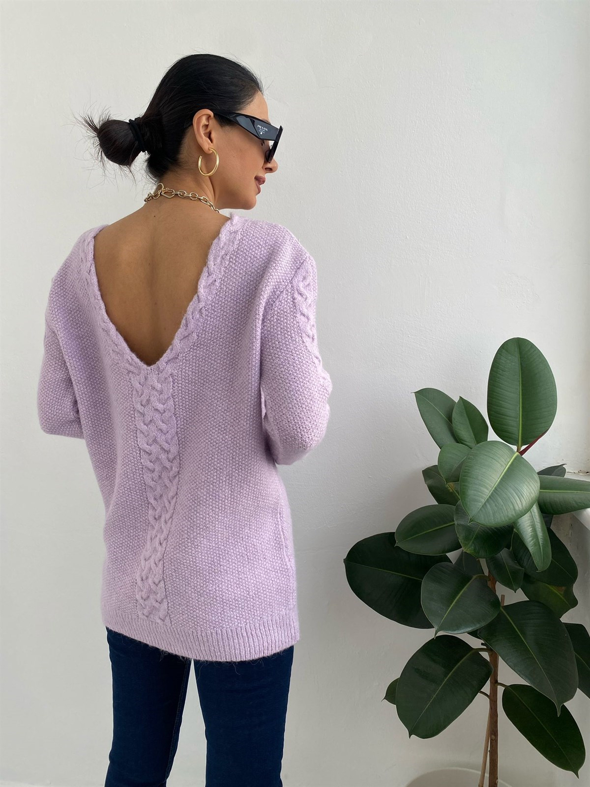 Lila V Yakalı Oversize Kazak