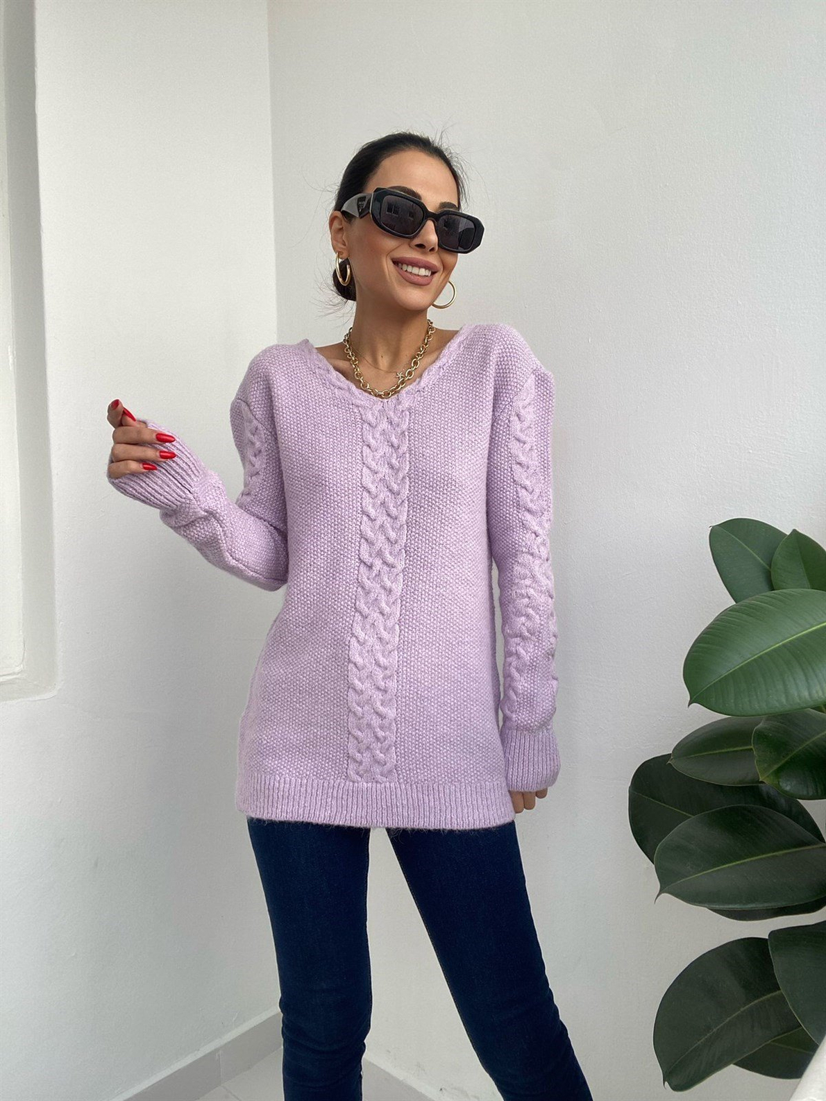 Lila V Yakalı Oversize Kazak