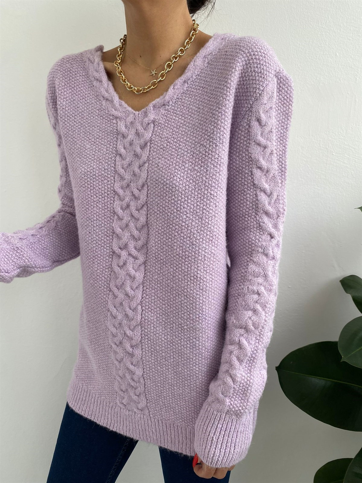 Lila V Yakalı Oversize Kazak