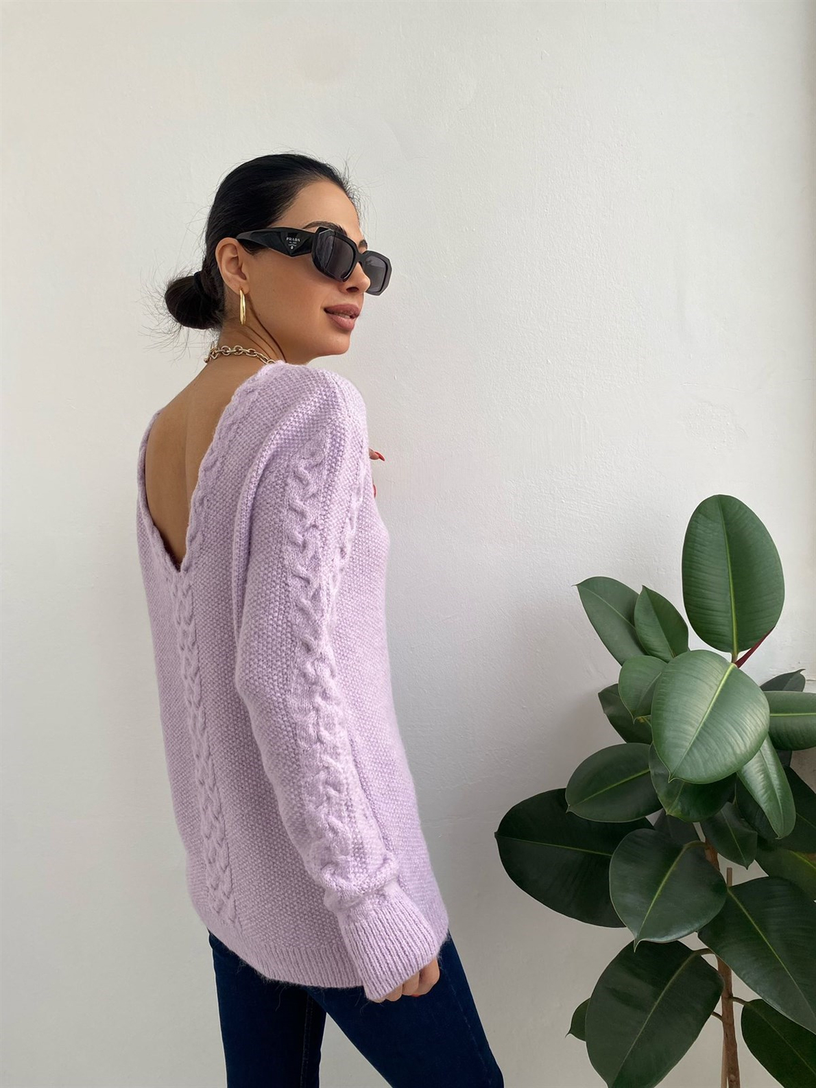 Lila V Yakalı Oversize Kazak