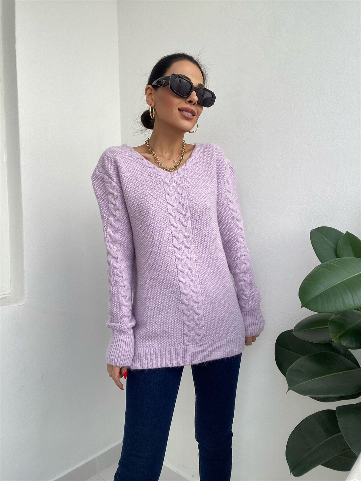 Lila V Yakalı Oversize Kazak