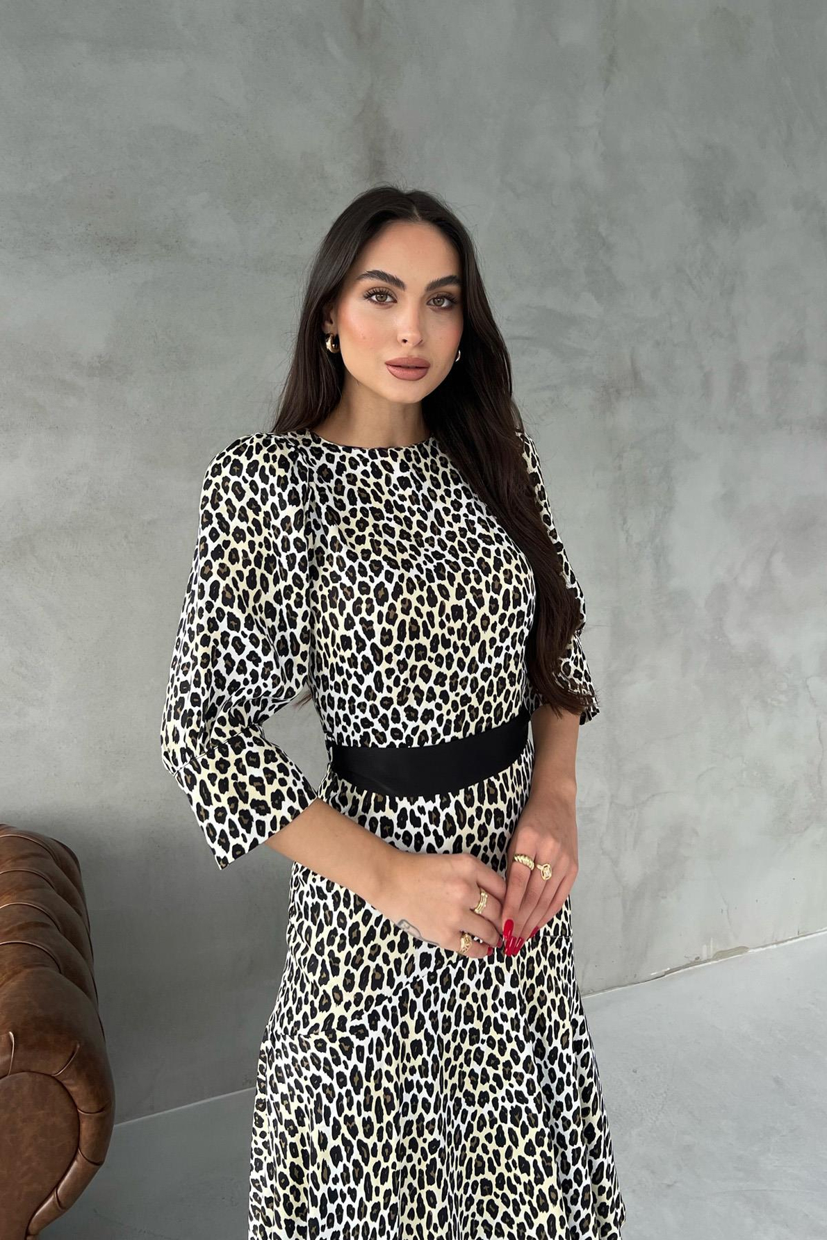 Loya Leopar Kuşak Detaylı Saten Elbise