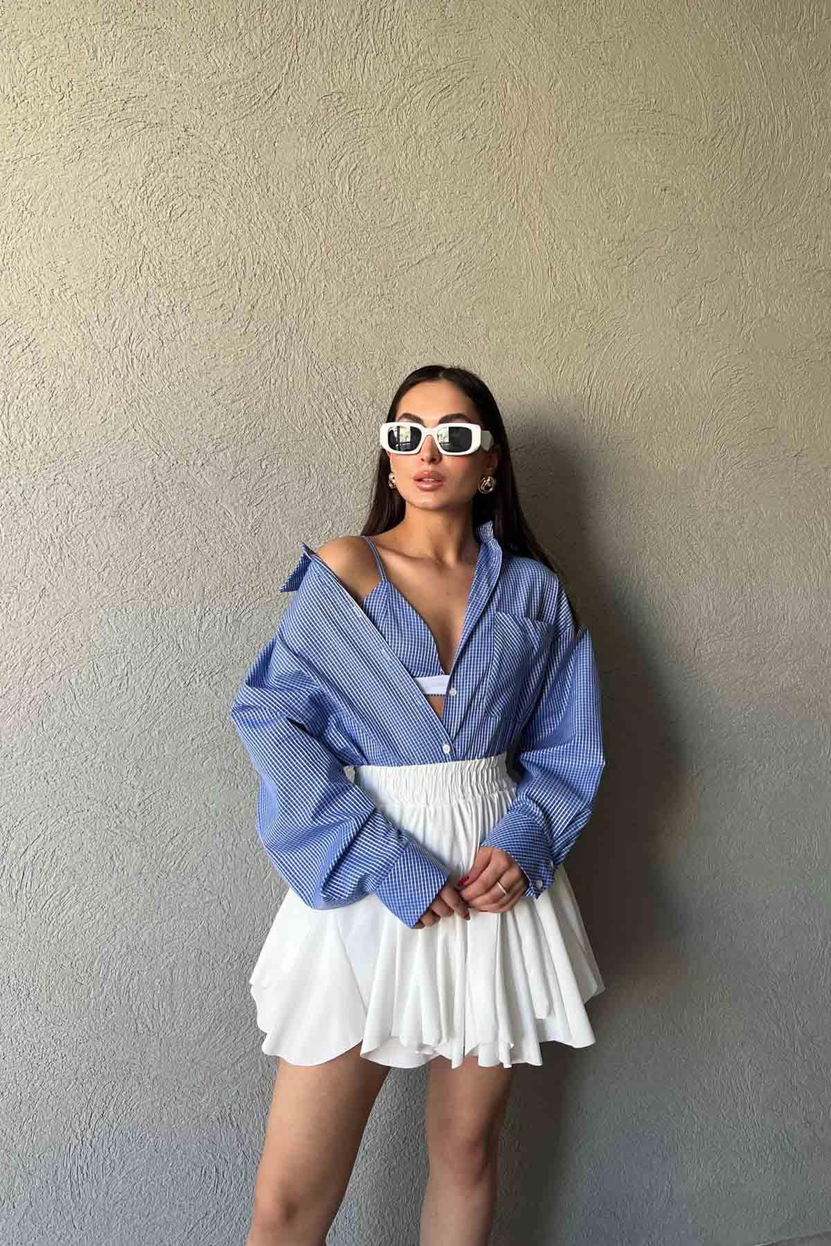 Mavi Deca Kareli Bralet Gömlek Takım