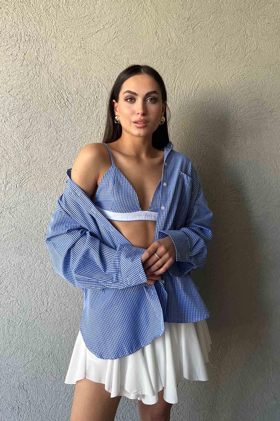 Mavi Deca Kareli Bralet Gömlek Takım