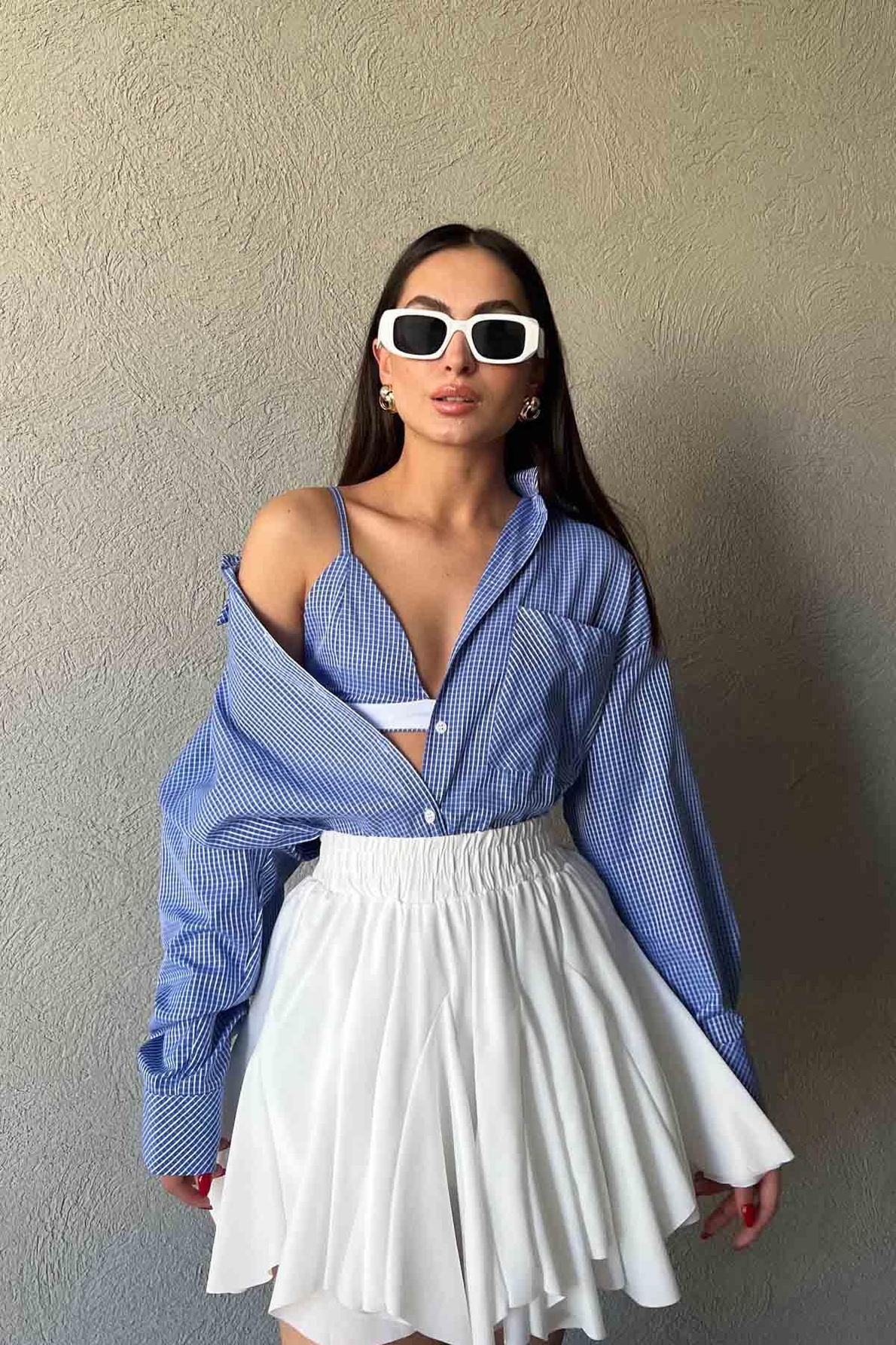 Mavi Deca Kareli Bralet Gömlek Takım