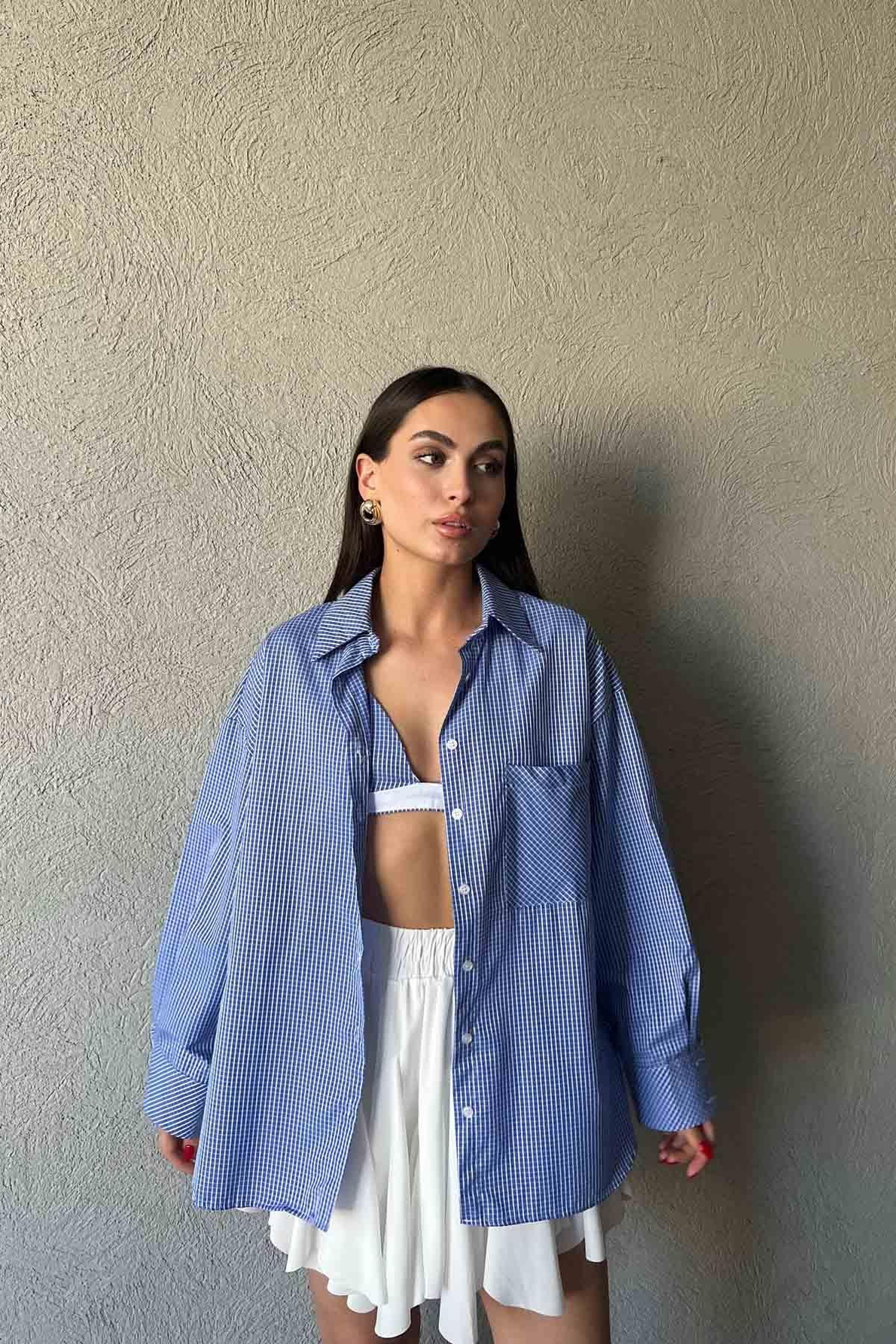 Mavi Deca Kareli Bralet Gömlek Takım