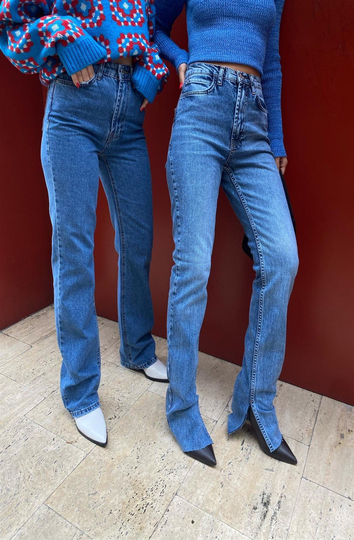 Mavi Fit Yırtmaçlı Yüksek Bel Jean