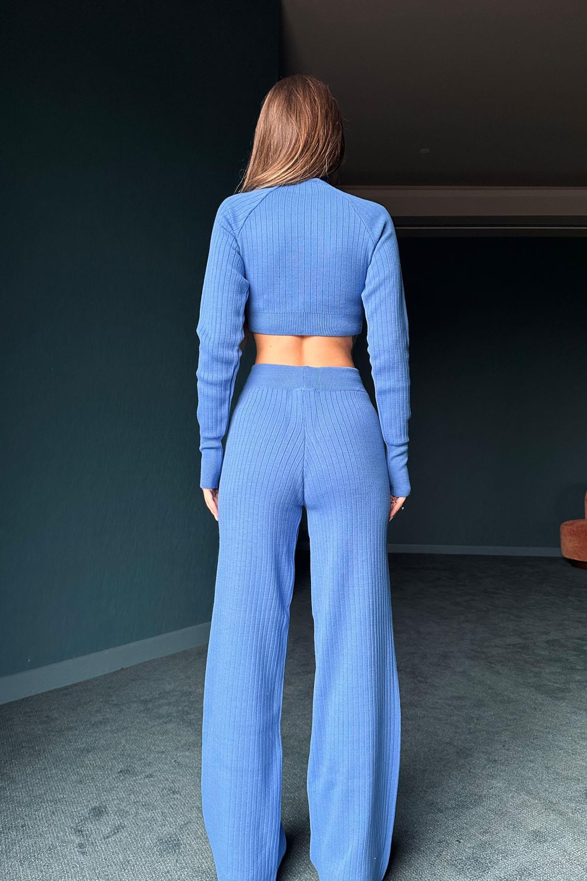 Mavi Fitilli Triko Crop Takım