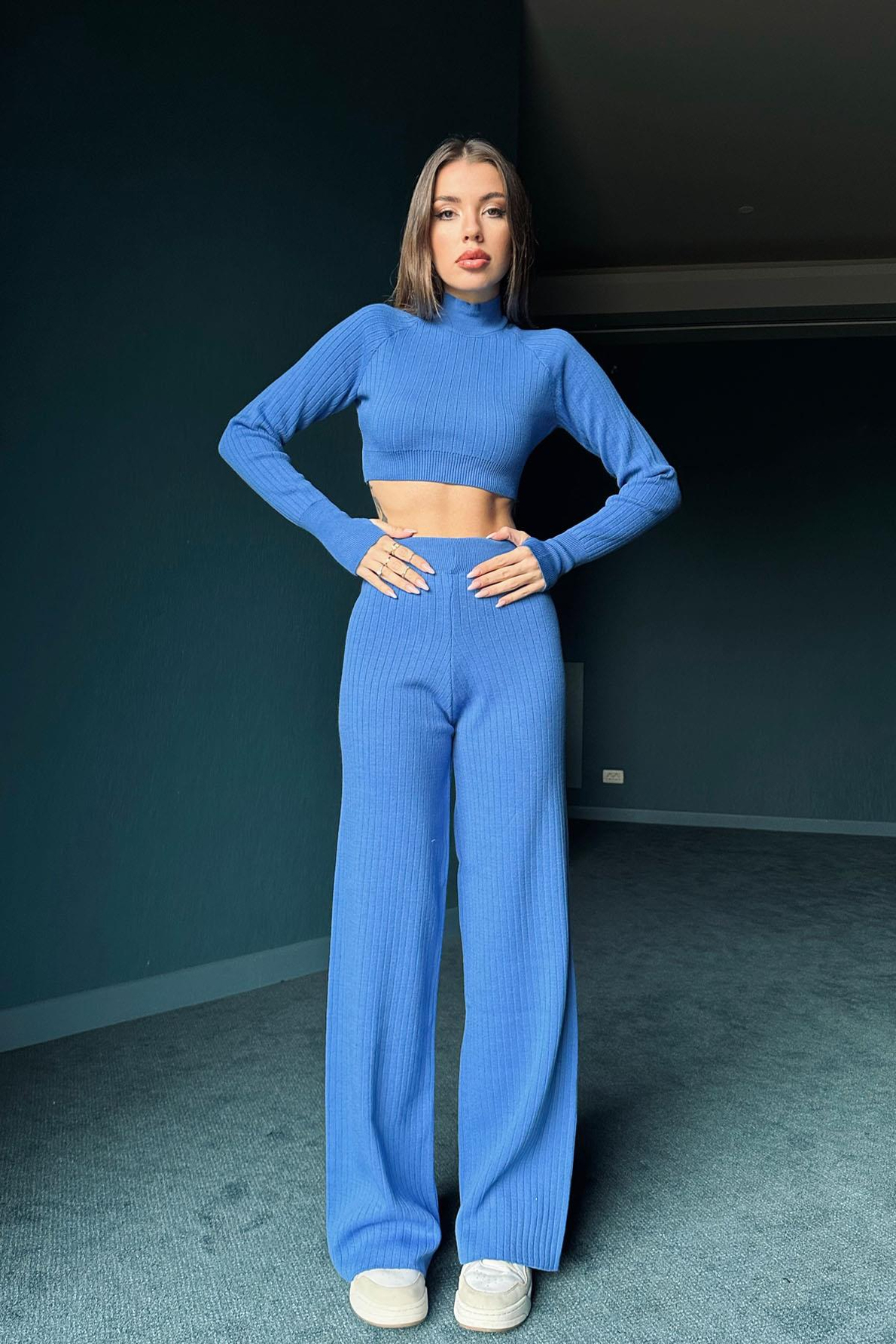 Mavi Fitilli Triko Crop Takım