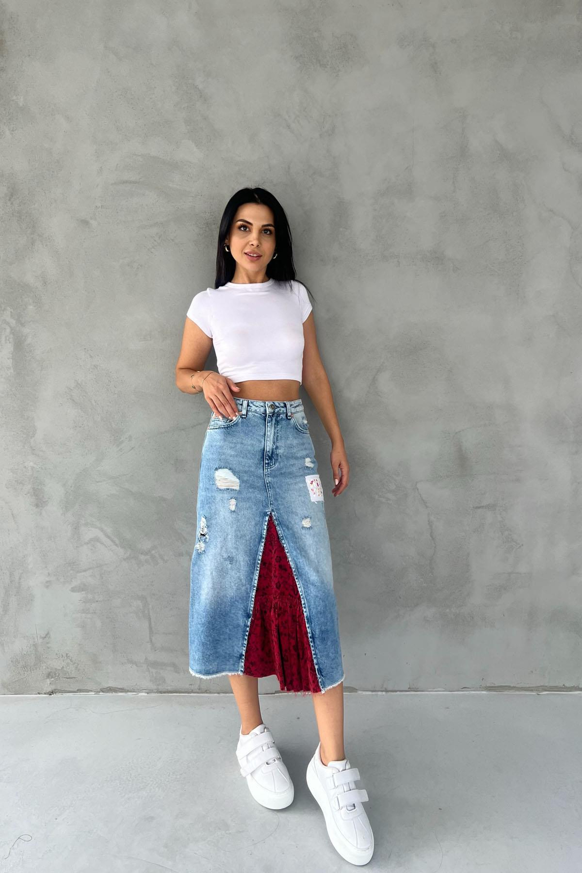 Mavi Tasarım Arkası Yırtmaçlı Denim Etek