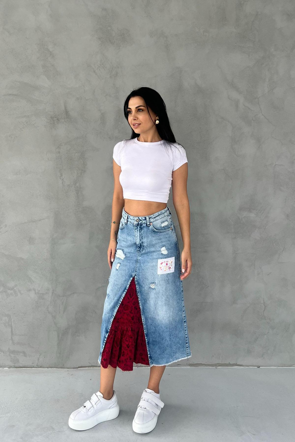 Mavi Tasarım Arkası Yırtmaçlı Denim Etek
