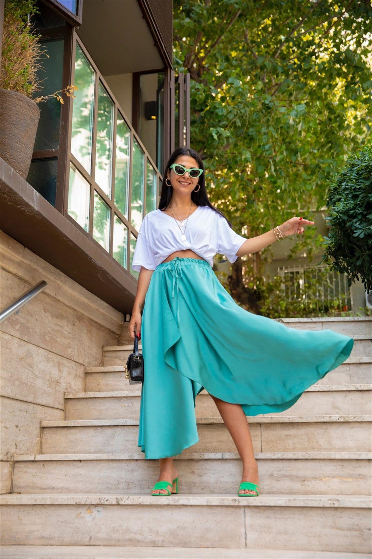 Mint Yeşili Anvelop Asimetrik Etek