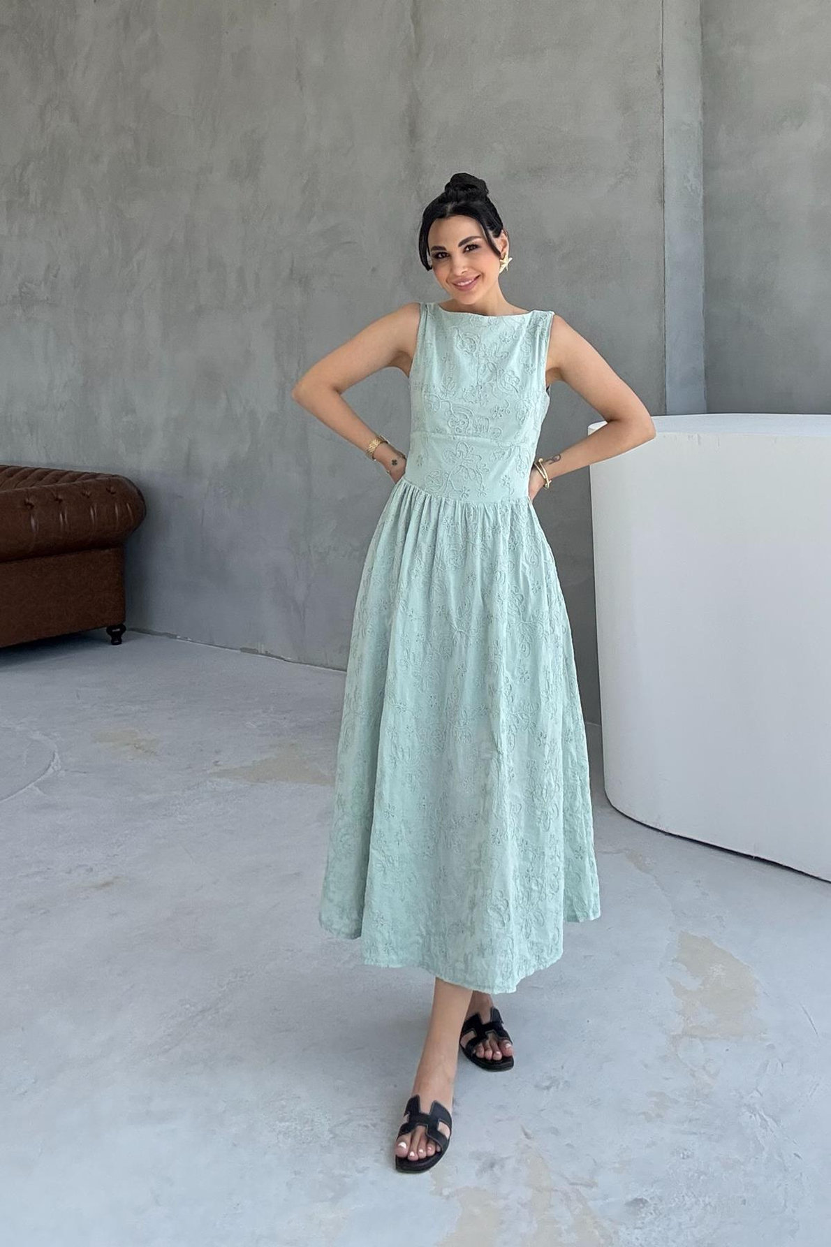 Mint Yeşili Arkası Fiyonklu Midi Boy Elbise