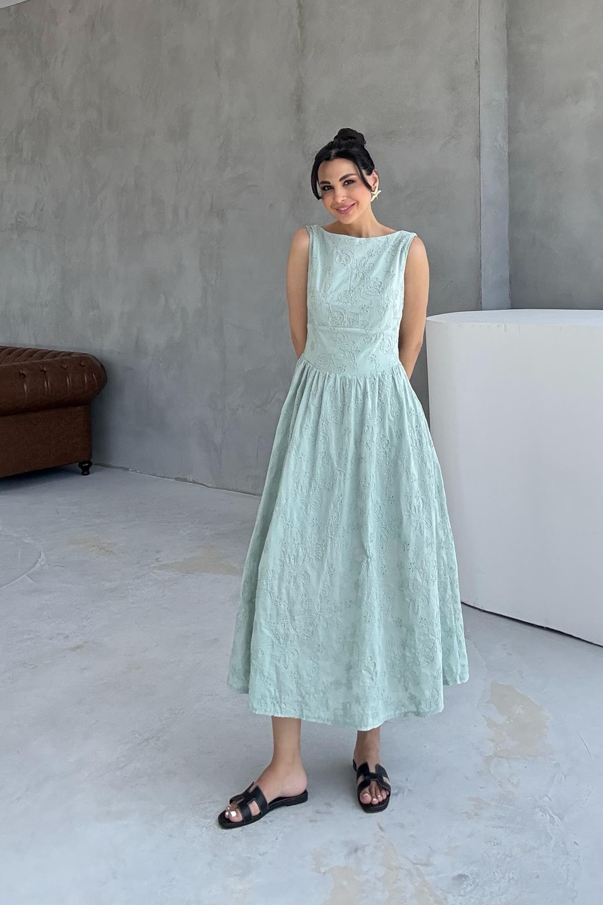Mint Yeşili Arkası Fiyonklu Midi Boy Elbise