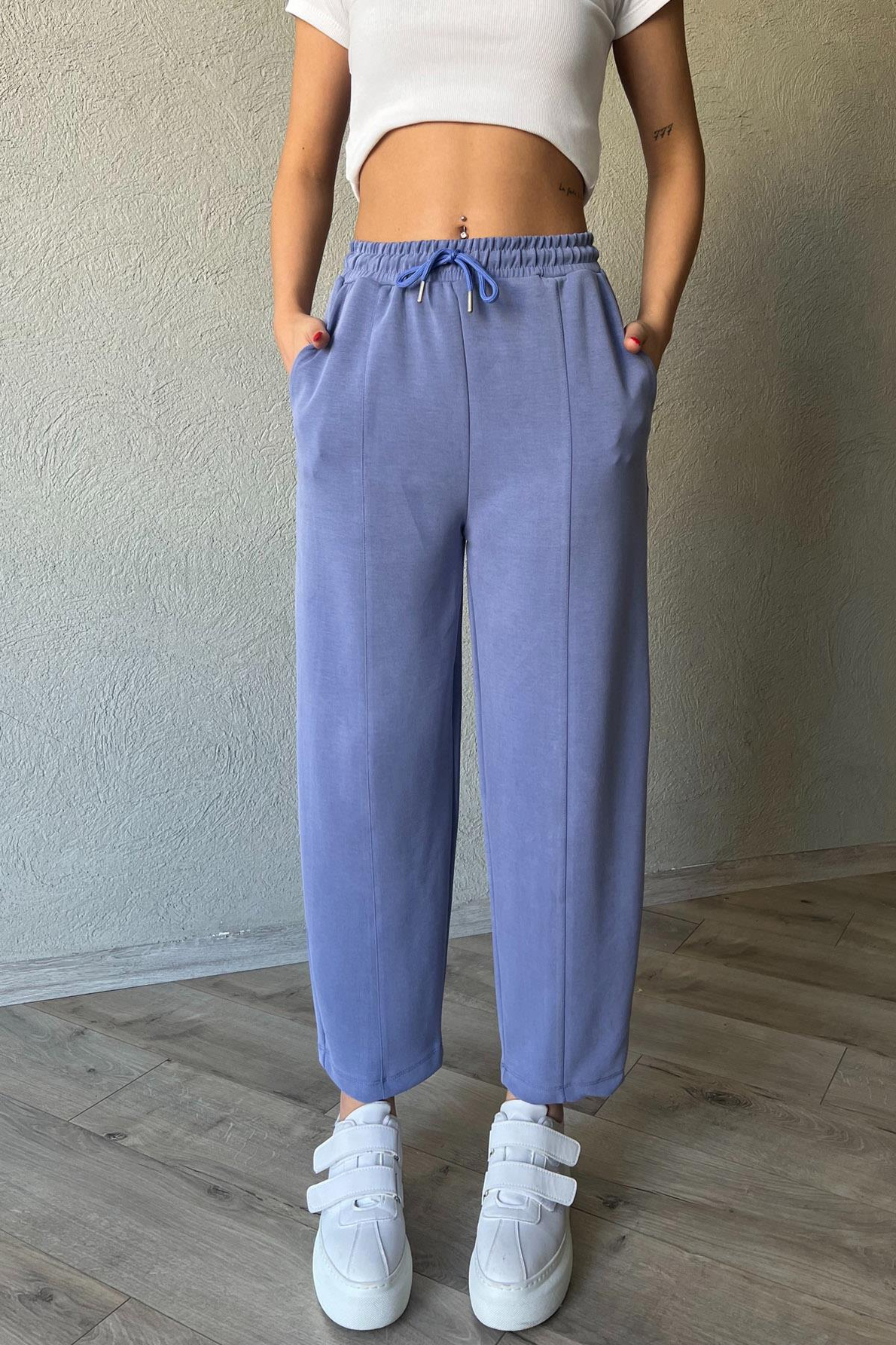 Mor Beli Lastikli Şalvar Pantolon