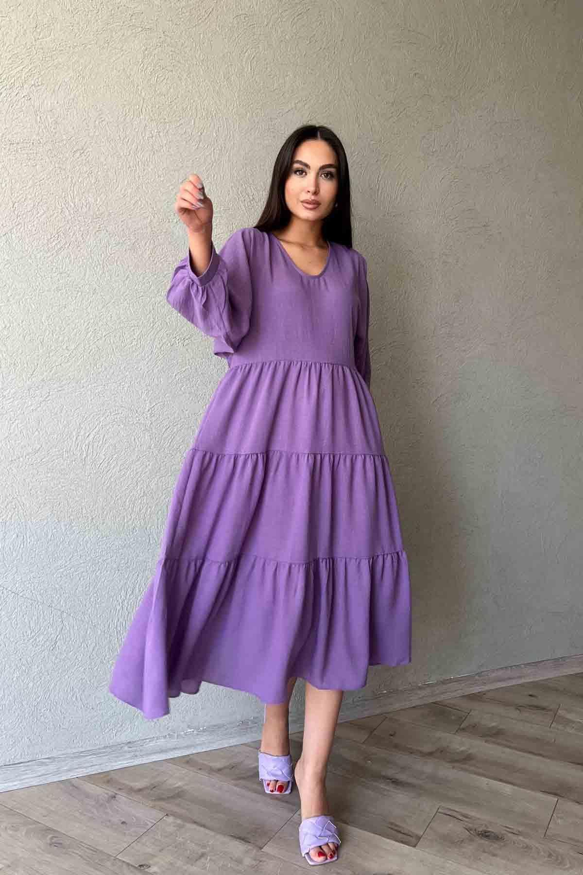 Müslin Kumaş V Yaka Rahat Kesim Mor Elbise