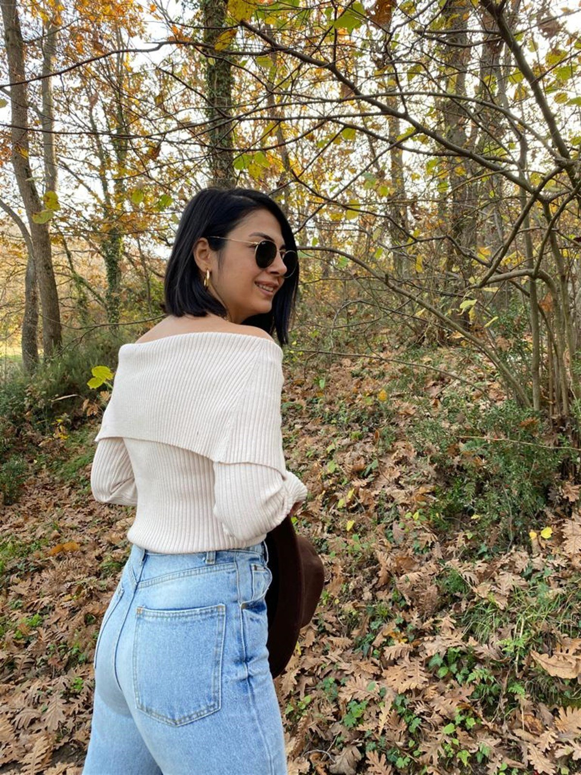 Natural Omuzu Açık Yakası Katlamalı Kazak