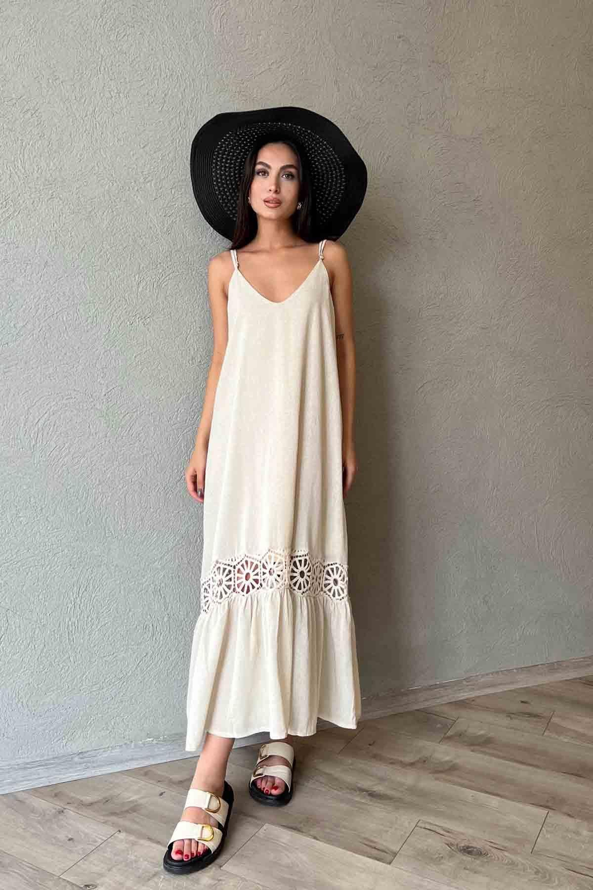 Naturel Örme Detaylı Askılı Elbise