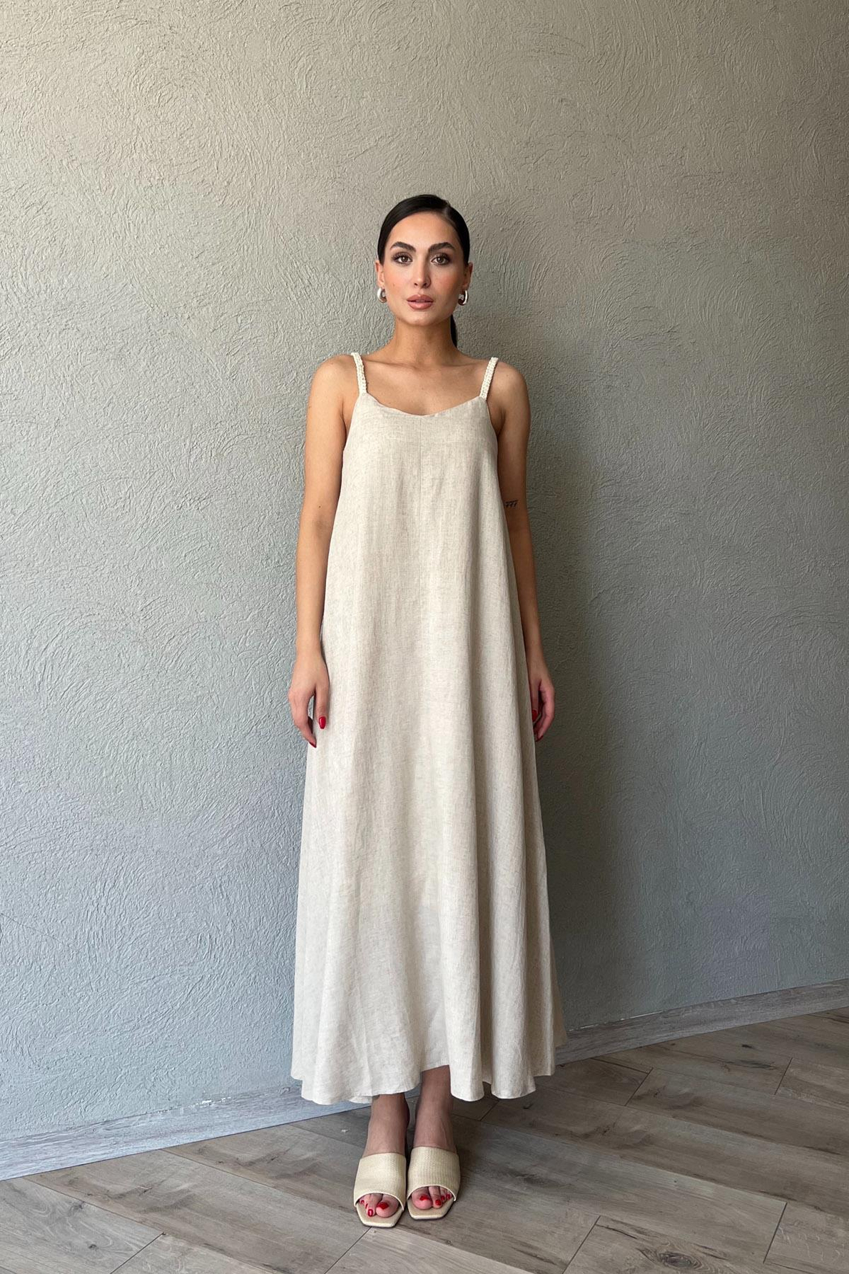 Naturel Rengi Örgü Askılı Keten Uzun Elbise
