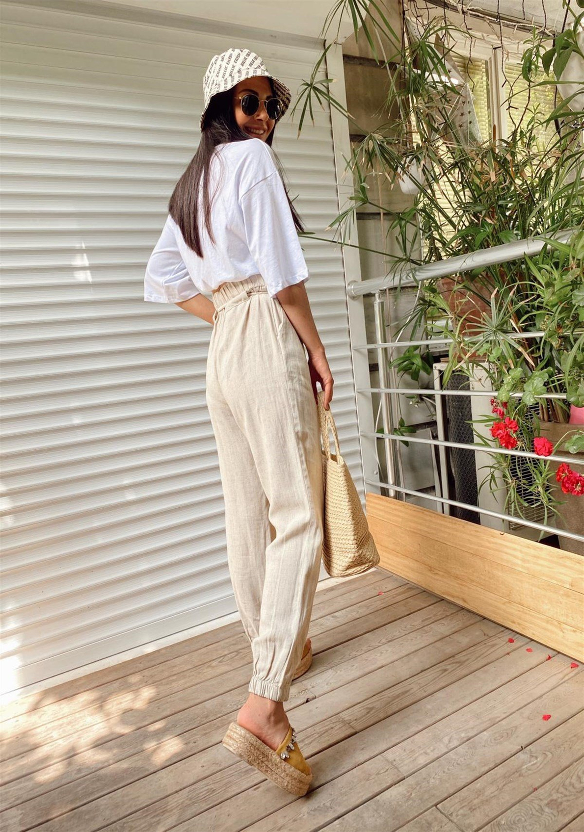 Nude Bağcıklı Keten Pantolon