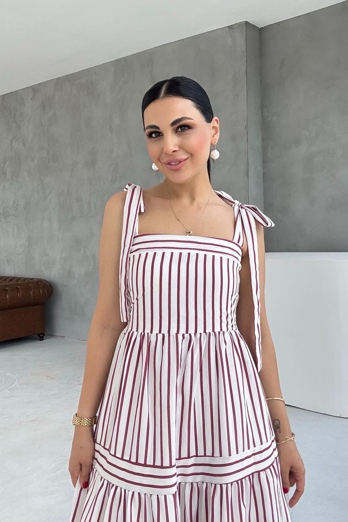 Omuzdan Bağlamalı Bordo Çizgili Elbise