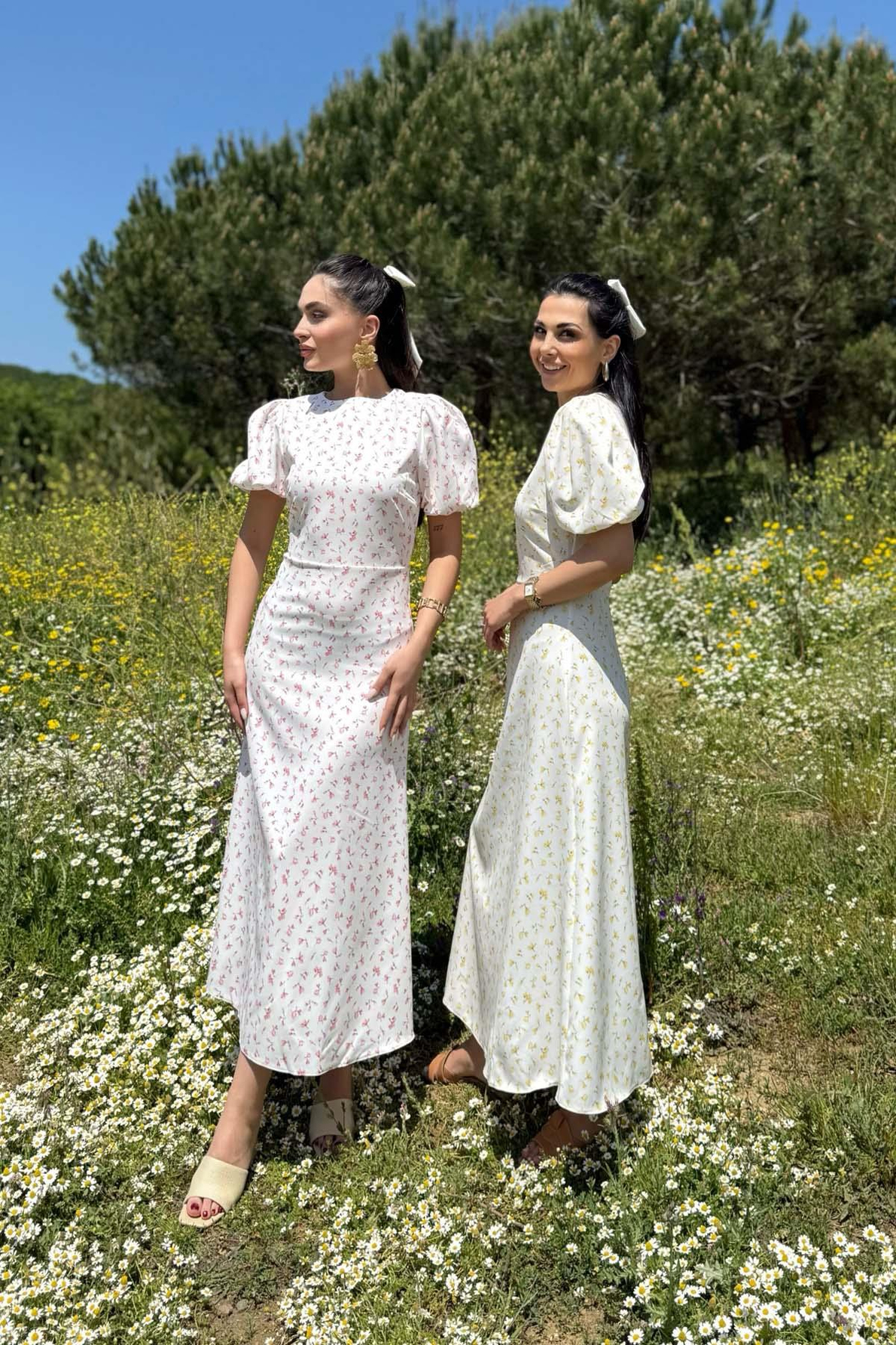 Pembe Çiçek Baskılı Balon Kol Midi Elbise
