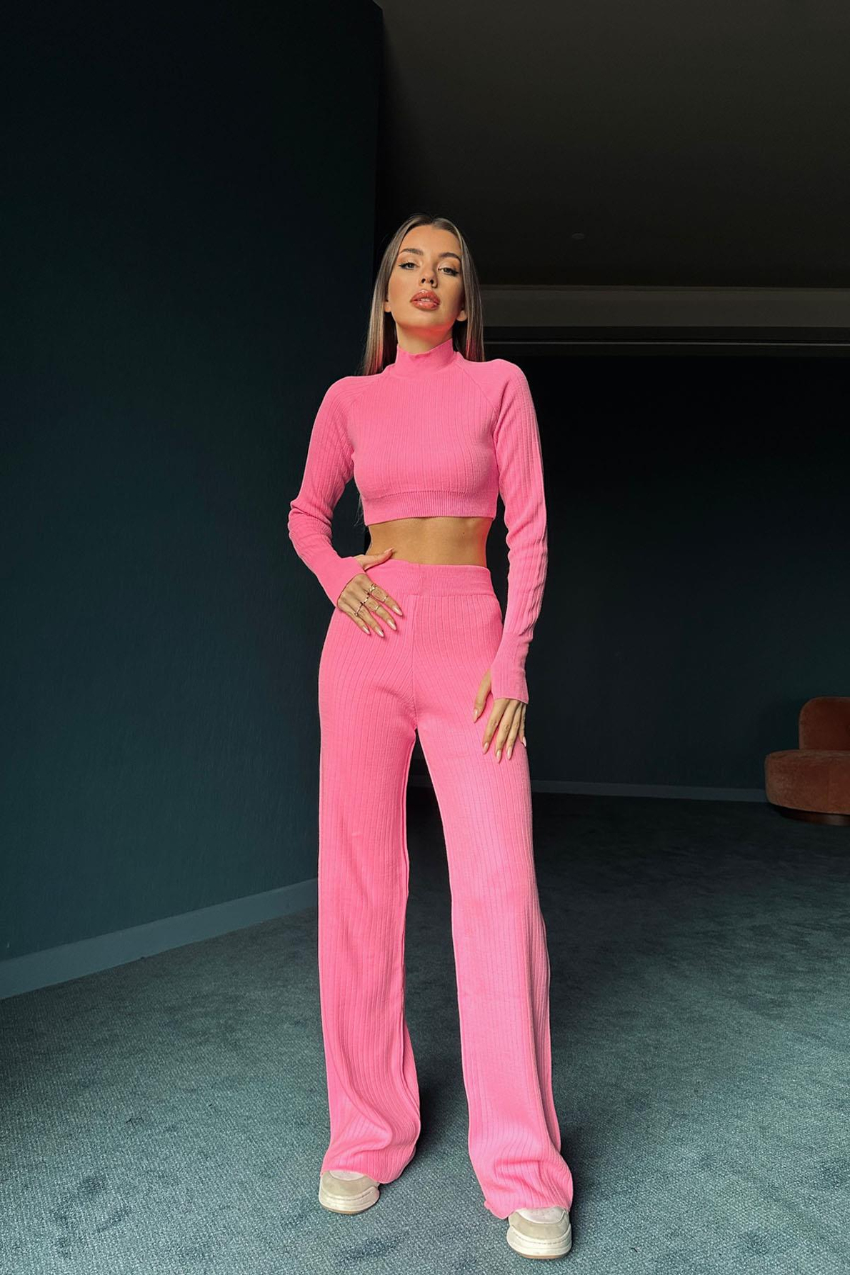 Pembe Fitilli Triko Crop Takım